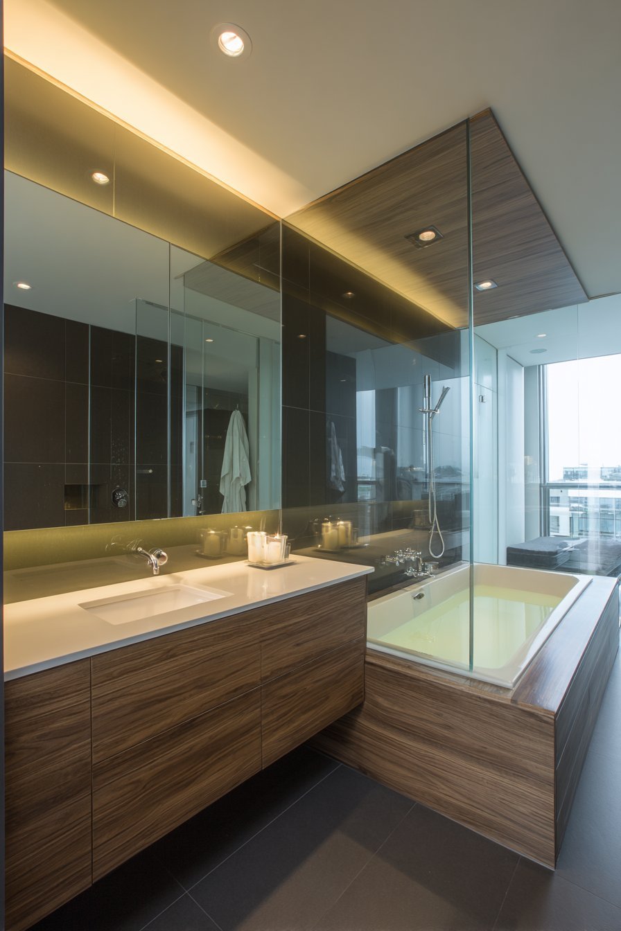 Master bathroom with flush ceiling speakers, wall control panel, floating vanity and frameless shower