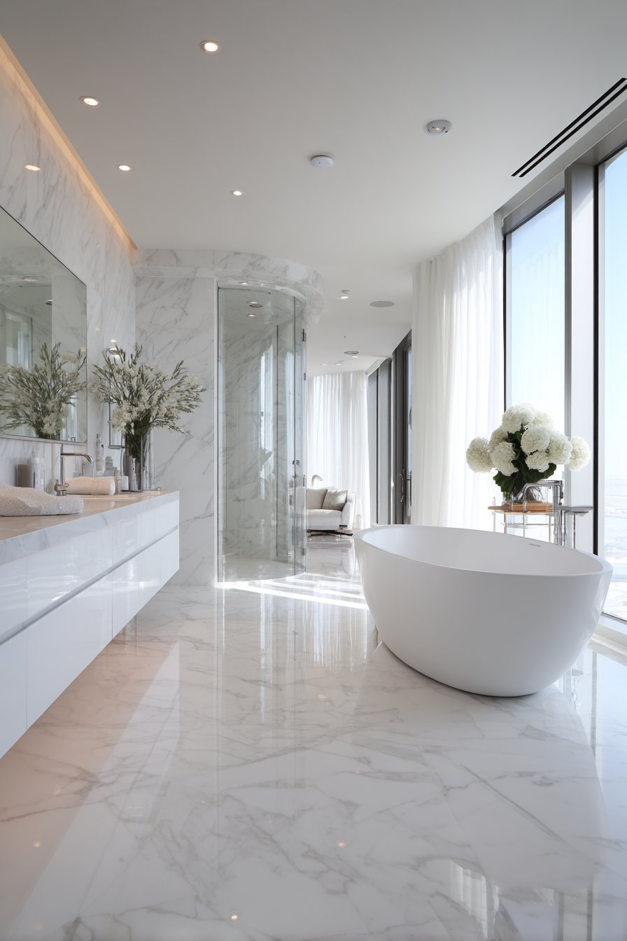 Master bathroom with flush ceiling speakers, wall control panel, floating vanity and frameless shower