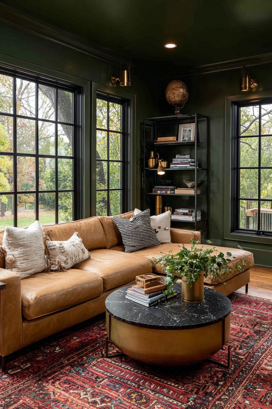 Forest green glossy walls with camel leather sofa, brass and black marble coffee table and kilim rug