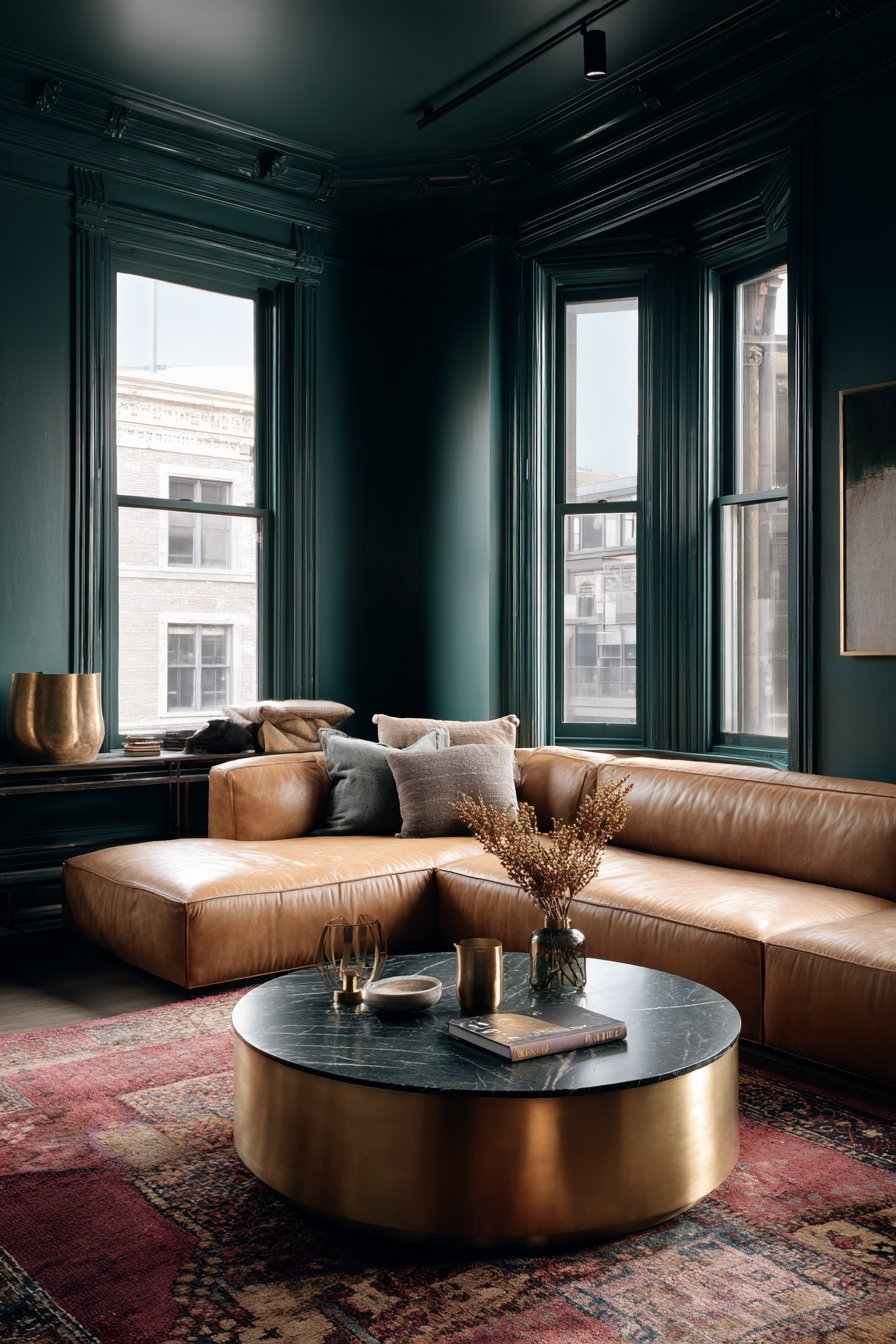 Forest green glossy walls with camel leather sofa, brass and black marble coffee table and kilim rug