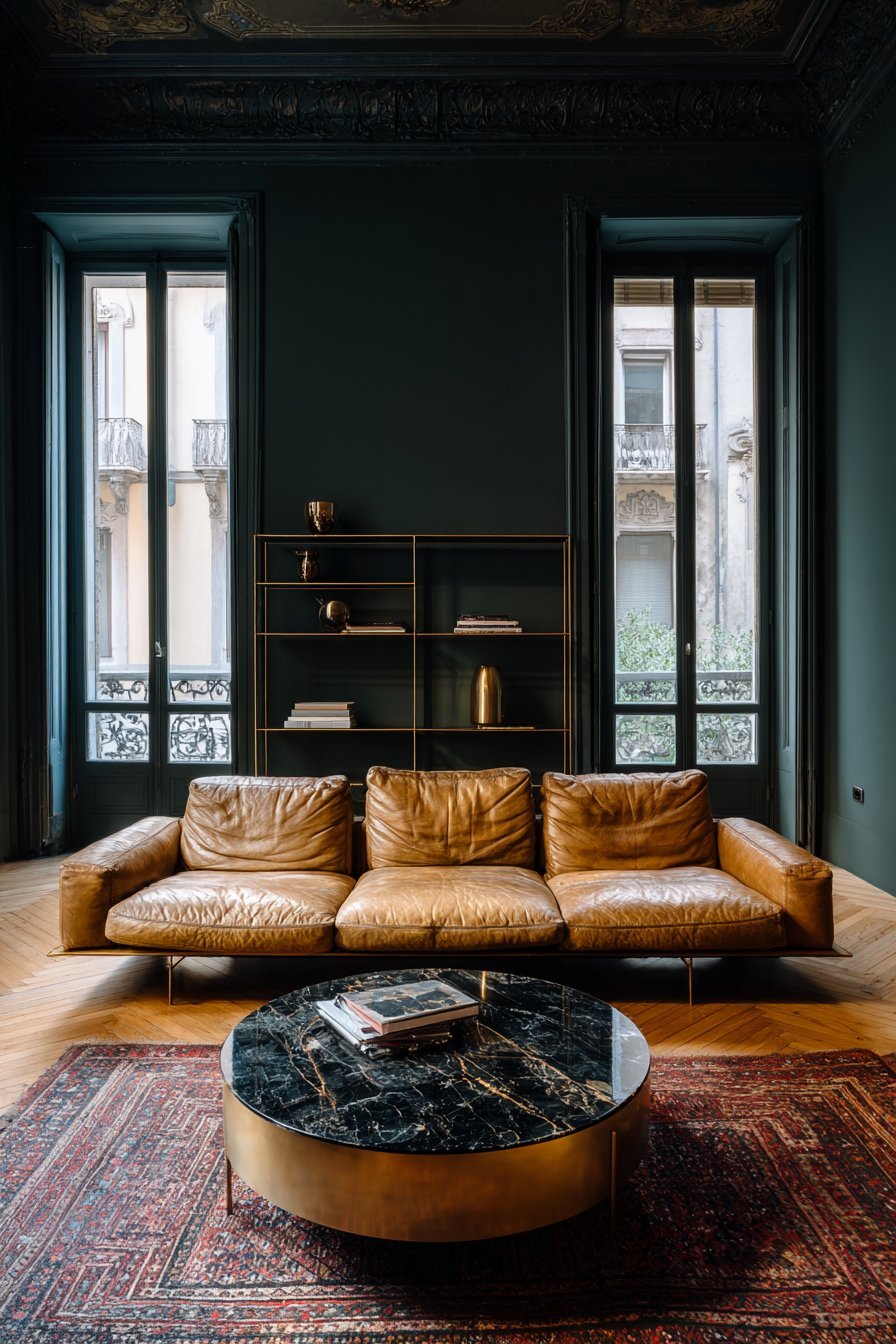 Forest green glossy walls with camel leather sofa, brass and black marble coffee table and kilim rug