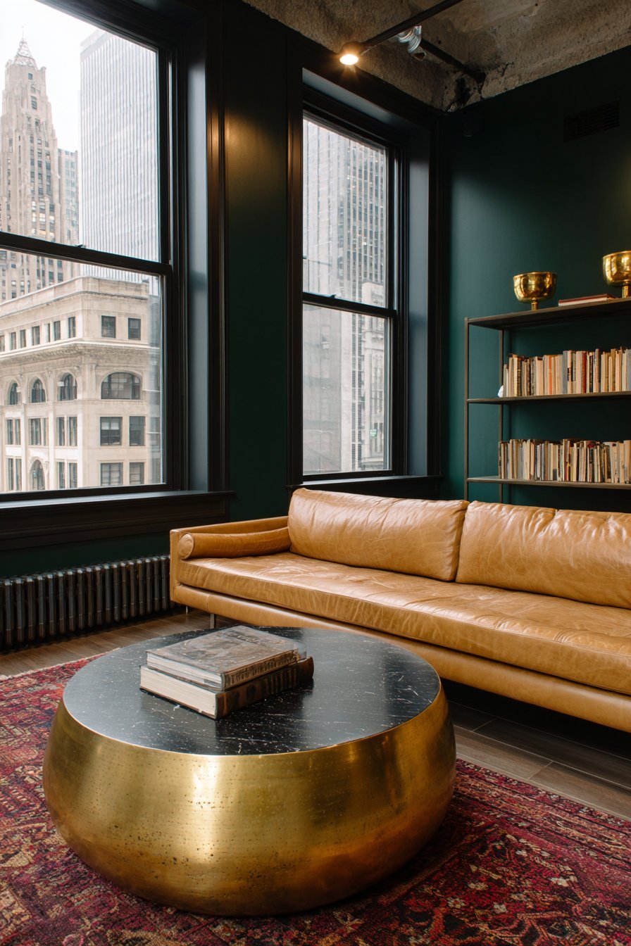 Forest green glossy walls with camel leather sofa, brass and black marble coffee table and kilim rug
