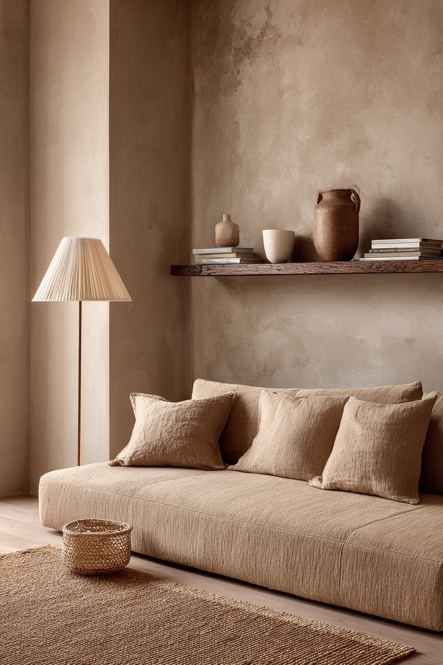 Warm minimalist living room with camel linen platform sofa, floating walnut shelves and clay-tinted plaster walls