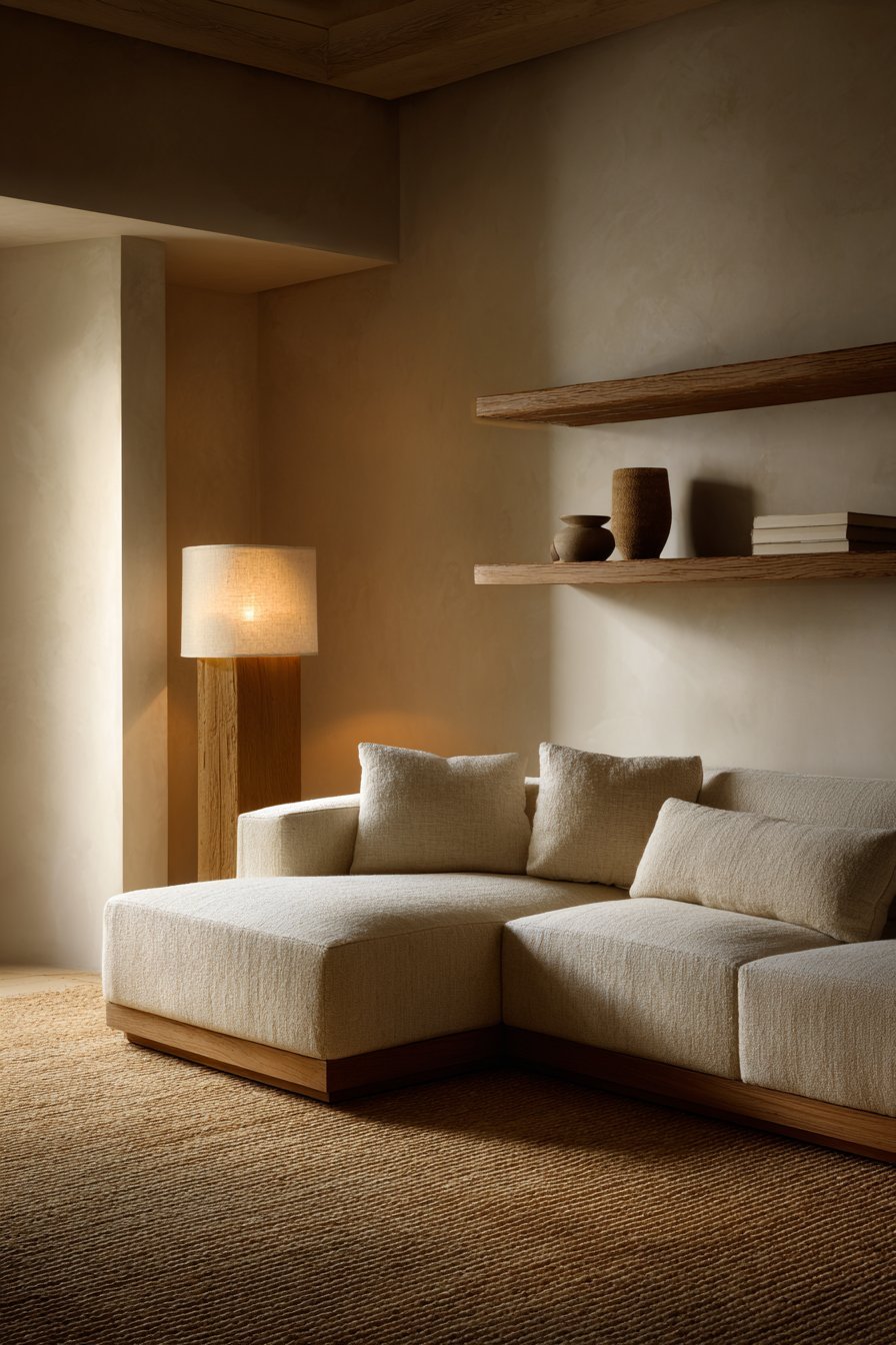 Warm minimalist living room with camel linen platform sofa, floating walnut shelves and clay-tinted plaster walls