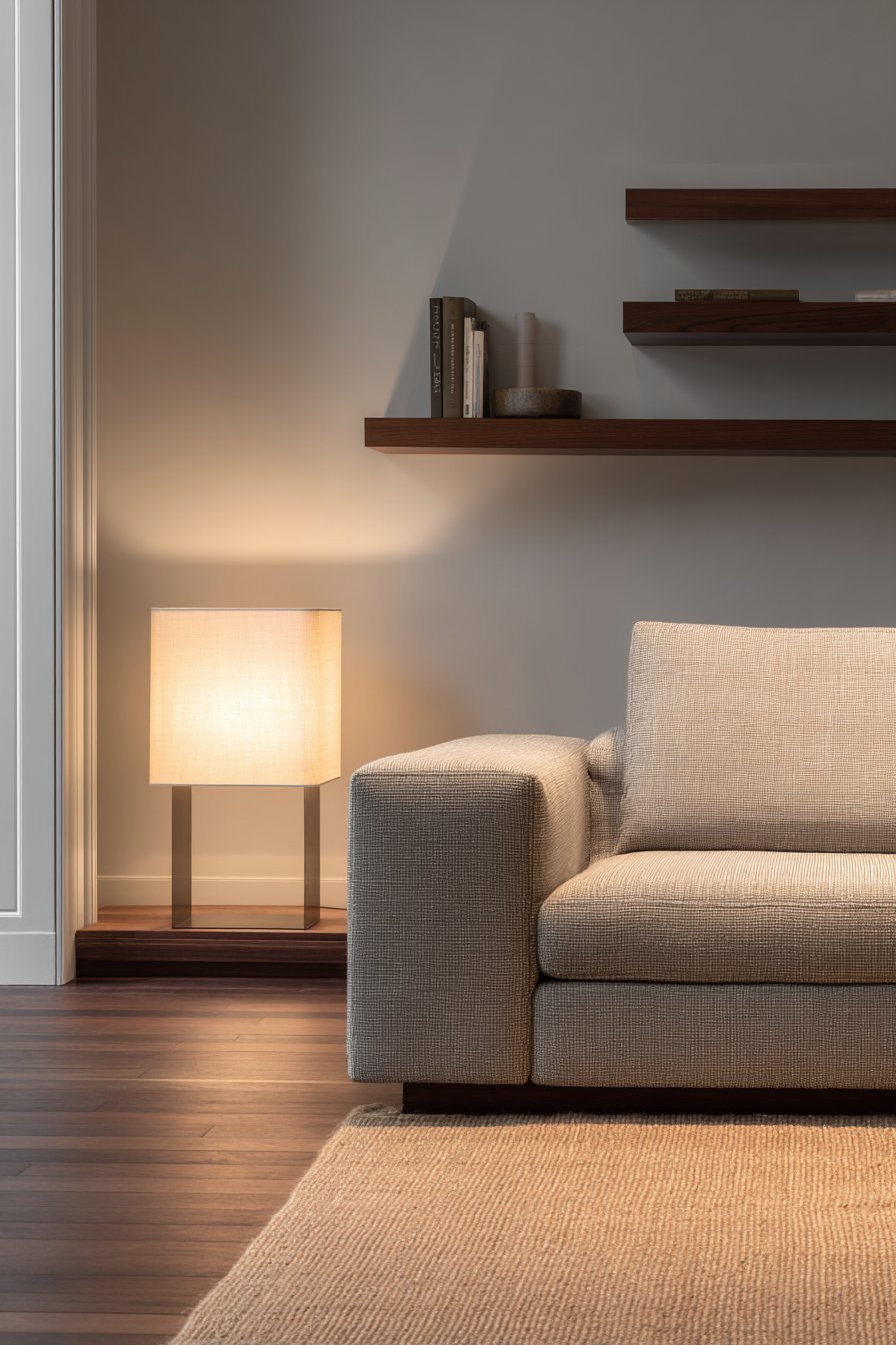Warm minimalist living room with camel linen platform sofa, floating walnut shelves and clay-tinted plaster walls