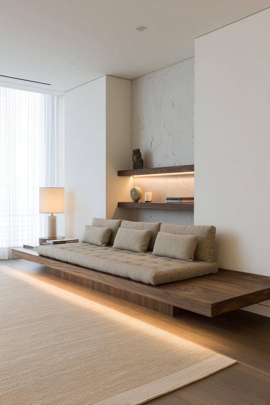 Warm minimalist living room with camel linen platform sofa, floating walnut shelves and clay-tinted plaster walls
