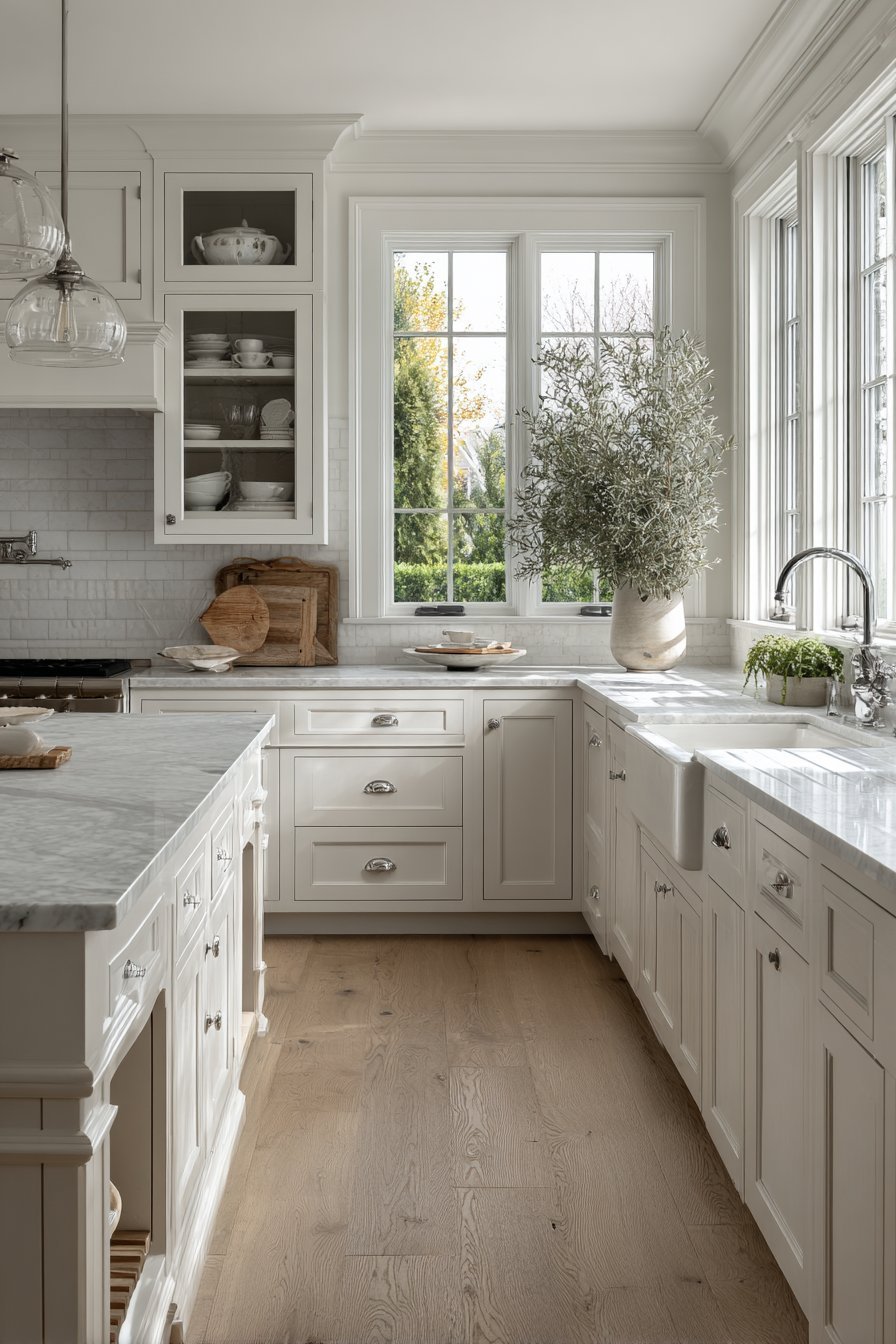 White inset shaker cabinets with Carrara marble, farmhouse sink, linen café curtains and schoolhouse pendants