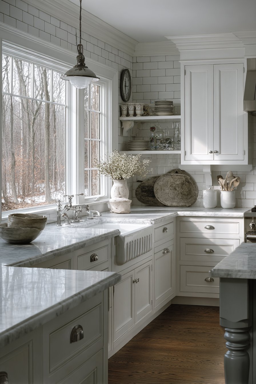 White inset shaker cabinets with Carrara marble, farmhouse sink, linen café curtains and schoolhouse pendants
