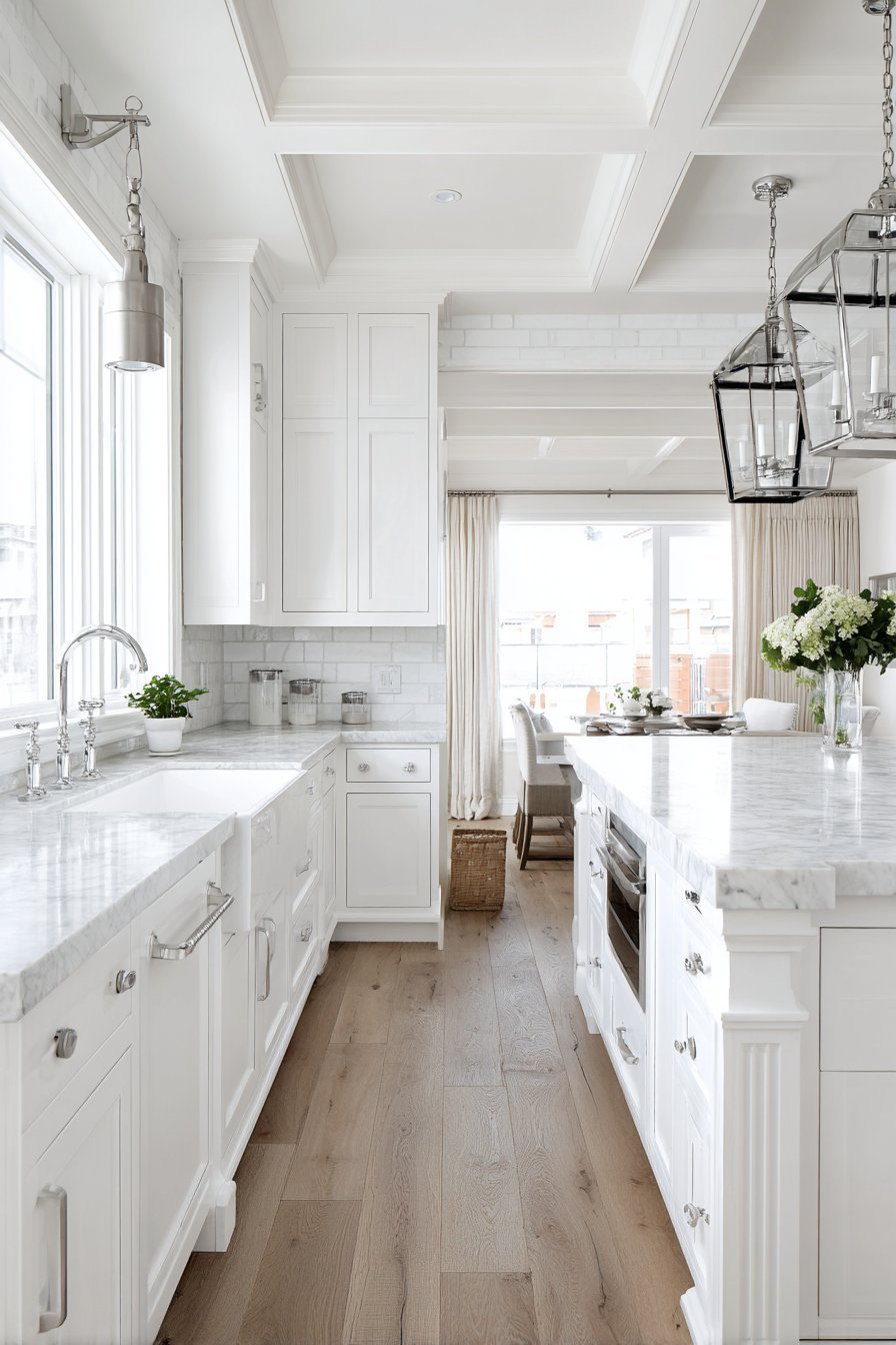 White inset shaker cabinets with Carrara marble, farmhouse sink, linen café curtains and schoolhouse pendants