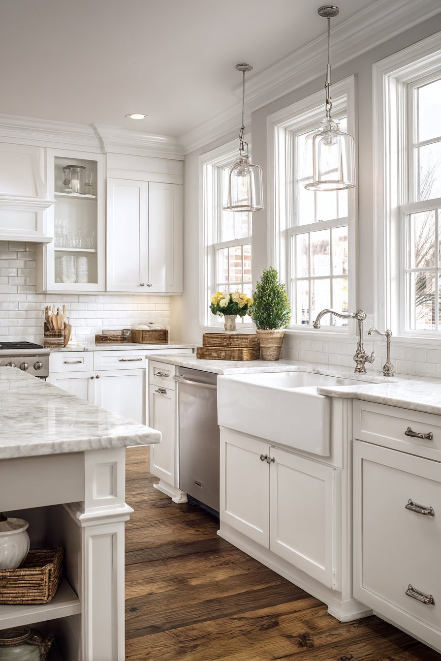 White inset shaker cabinets with Carrara marble, farmhouse sink, linen café curtains and schoolhouse pendants