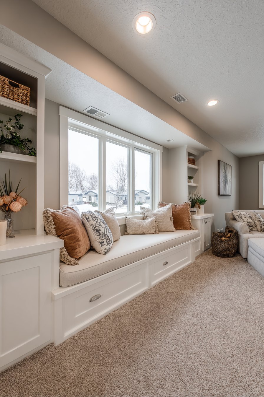 White built-in basement window seat with lift-up storage, side cubbies and decorative baskets on beige carpet