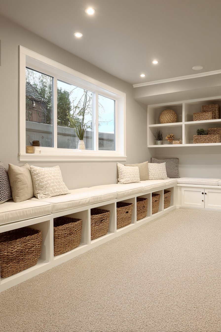 White built-in basement window seat with lift-up storage, side cubbies and decorative baskets on beige carpet