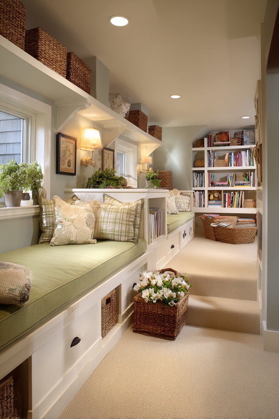 White built-in basement window seat with lift-up storage, side cubbies and decorative baskets on beige carpet