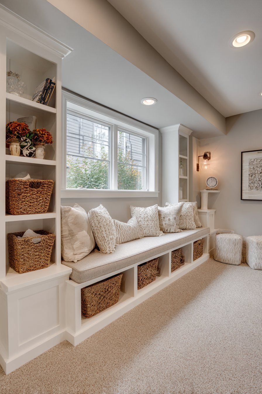 White built-in basement window seat with lift-up storage, side cubbies and decorative baskets on beige carpet
