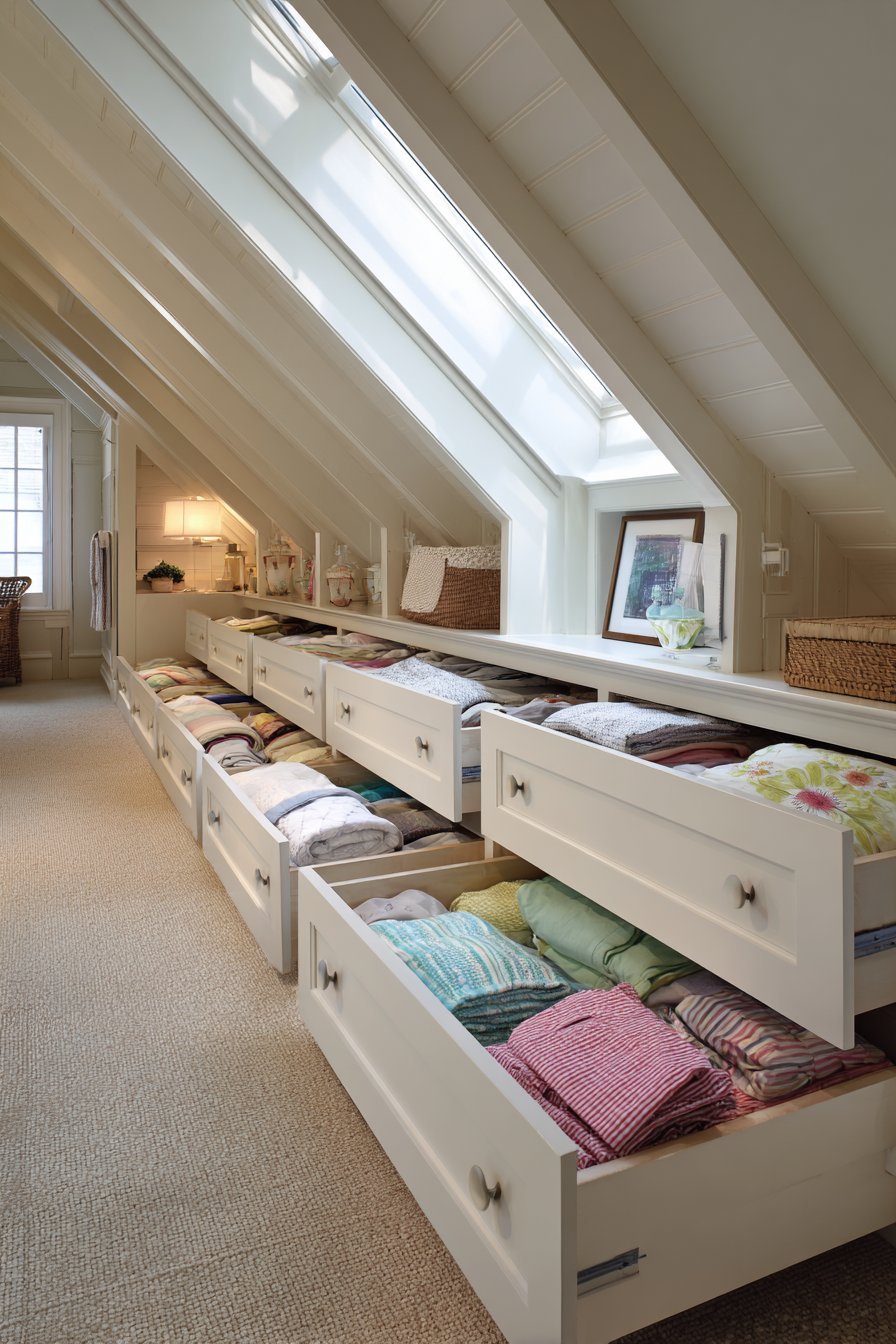 White built-in drawers following an attic sloped ceiling with round knobs and a skylight overhead