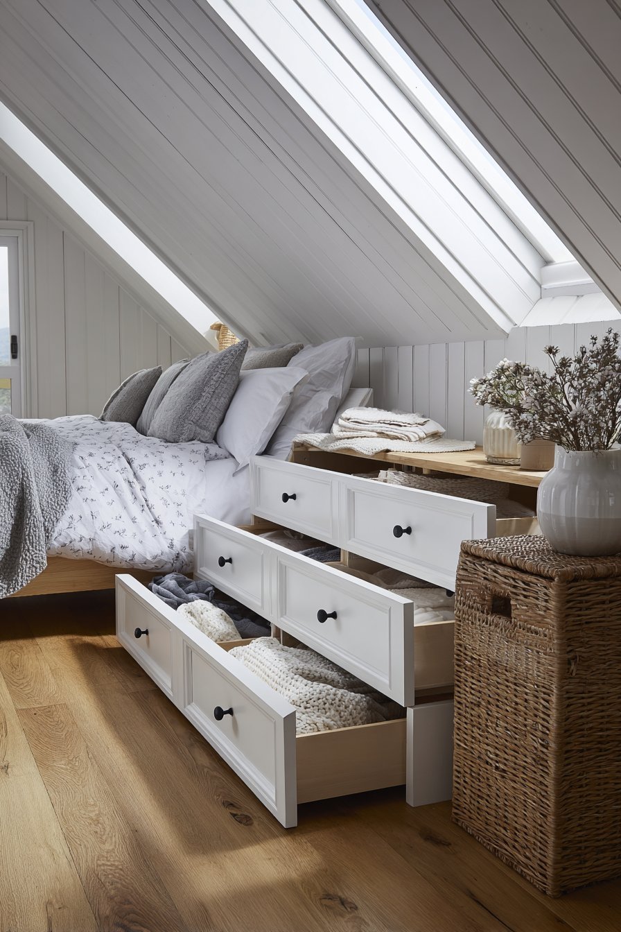 White built-in drawers following an attic sloped ceiling with round knobs and a skylight overhead