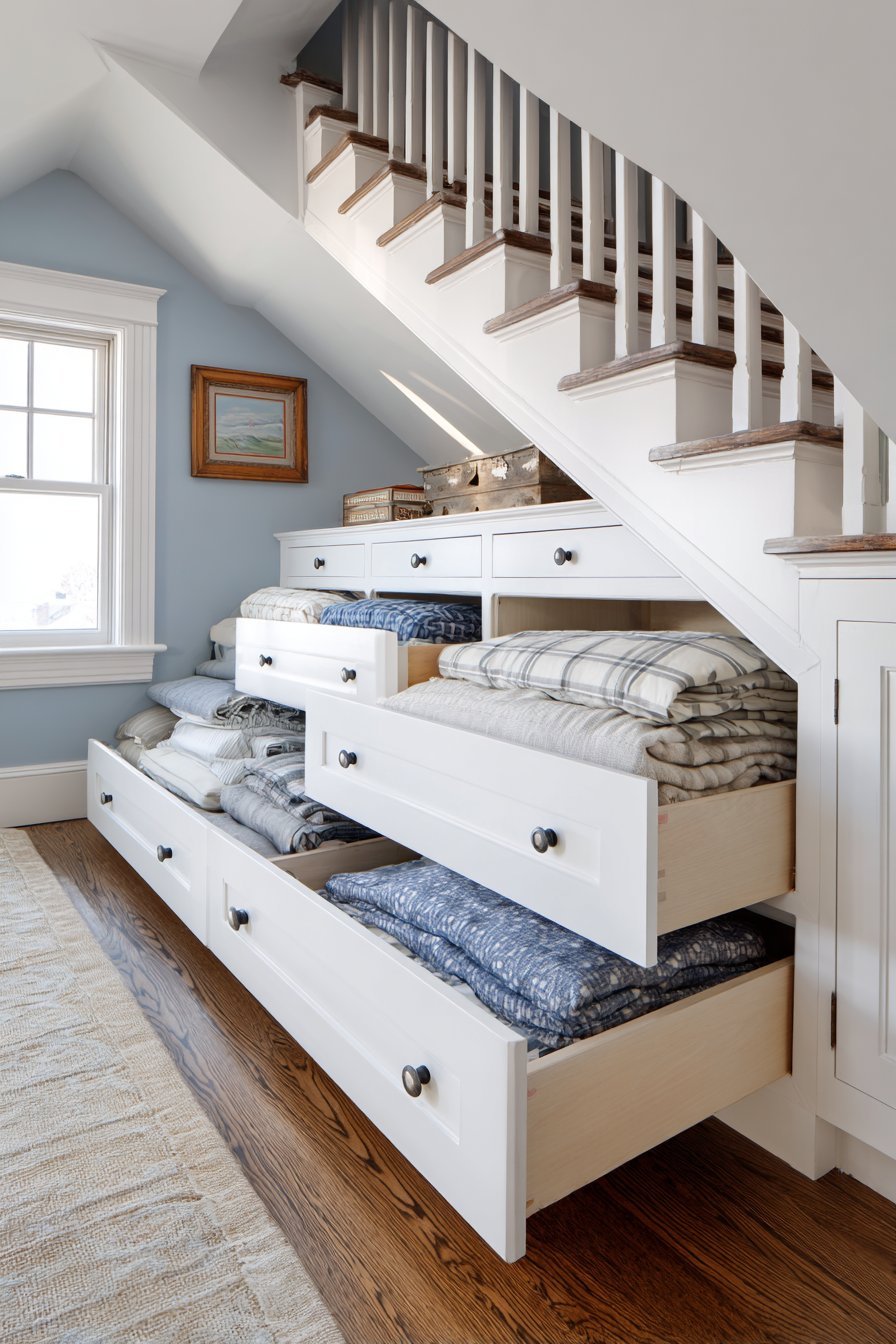 White built-in drawers following an attic sloped ceiling with round knobs and a skylight overhead