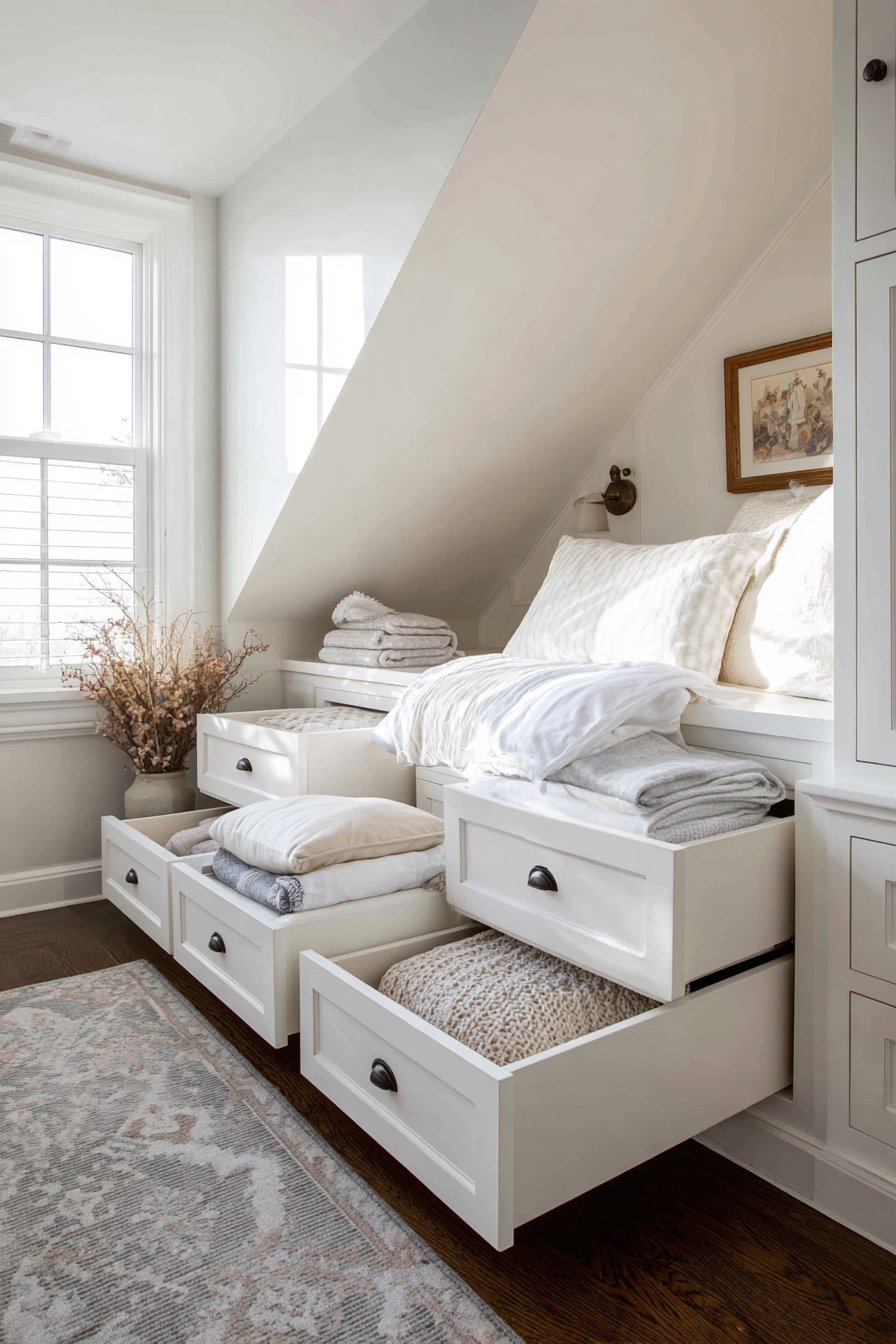 White built-in drawers following an attic sloped ceiling with round knobs and a skylight overhead