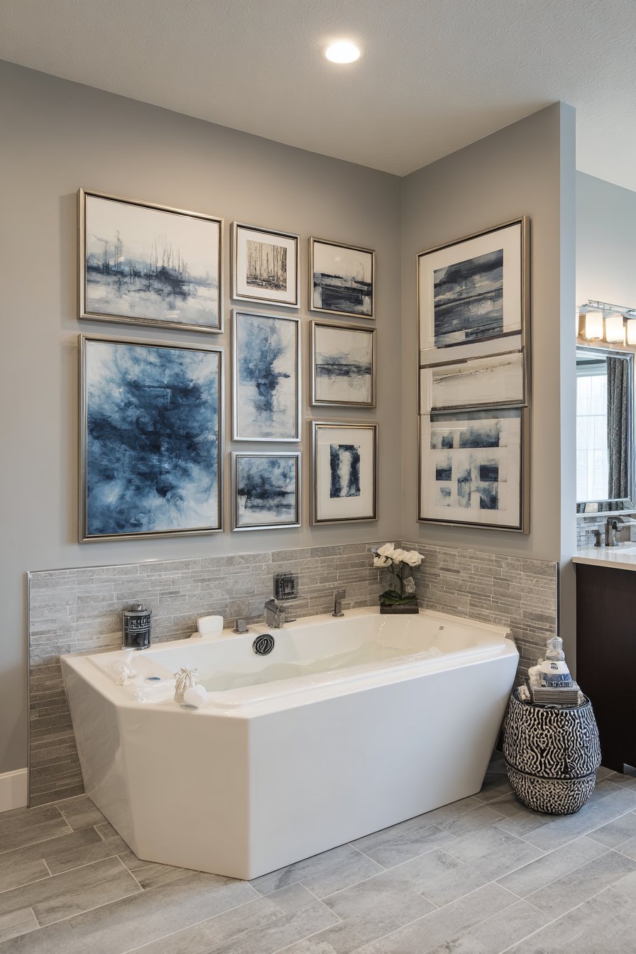 Blue and grey abstract art in brushed nickel frames with picture lights on soft grey bathroom walls