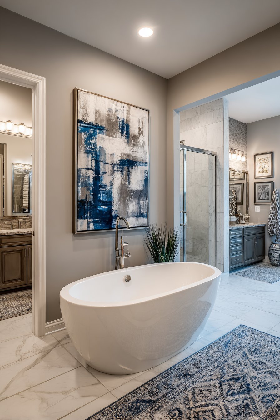 Blue and grey abstract art in brushed nickel frames with picture lights on soft grey bathroom walls