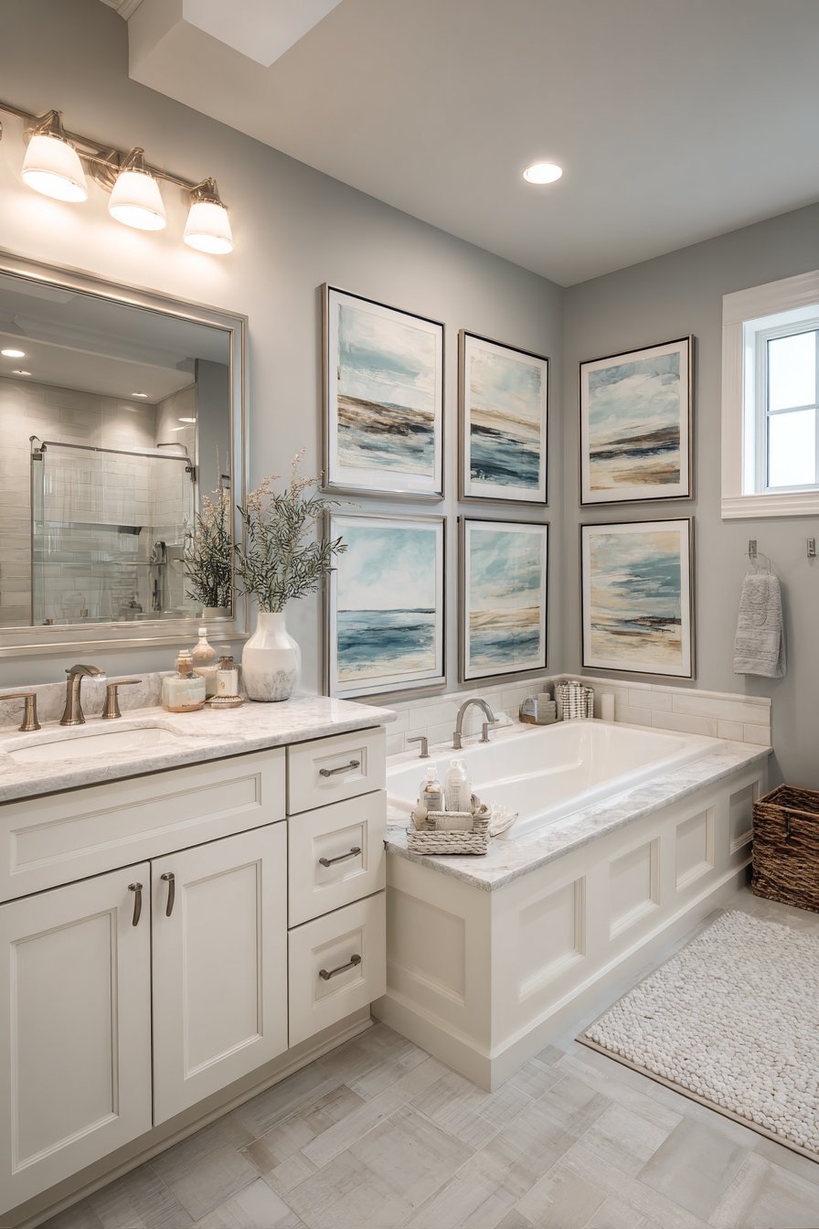 Blue and grey abstract art in brushed nickel frames with picture lights on soft grey bathroom walls