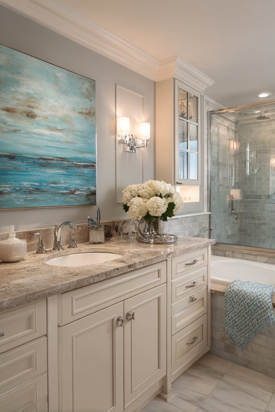 Blue and grey abstract art in brushed nickel frames with picture lights on soft grey bathroom walls