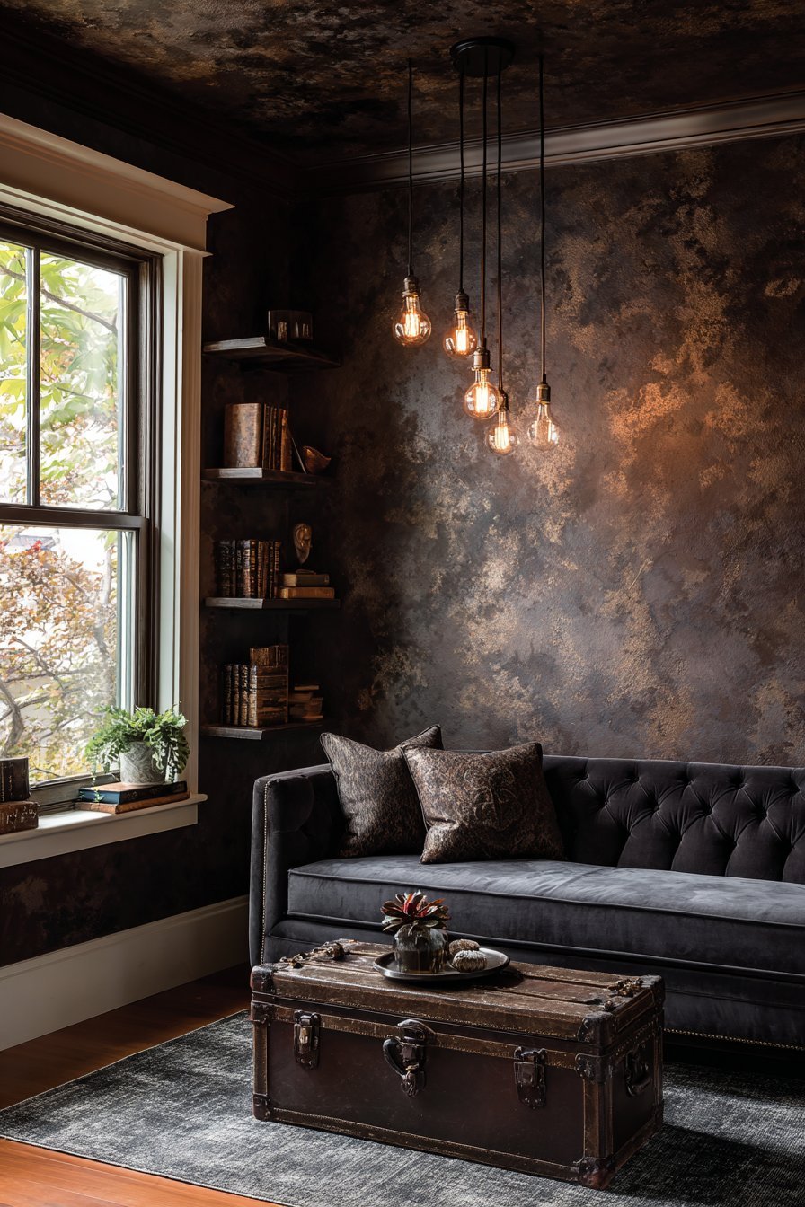 Chocolate brown troweled walls with charcoal tufted velvet sofa, vintage trunk table and matching built-ins