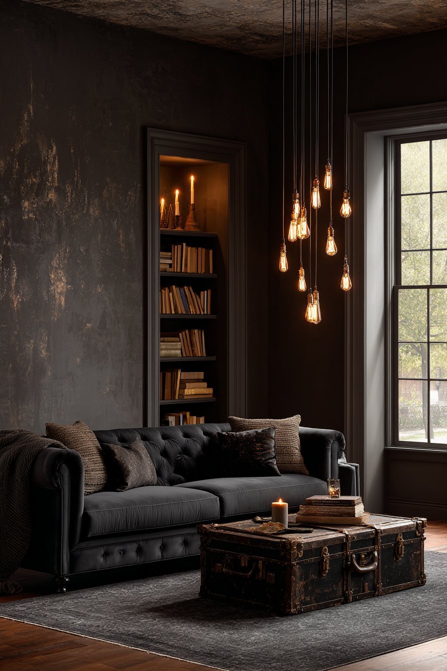 Chocolate brown troweled walls with charcoal tufted velvet sofa, vintage trunk table and matching built-ins