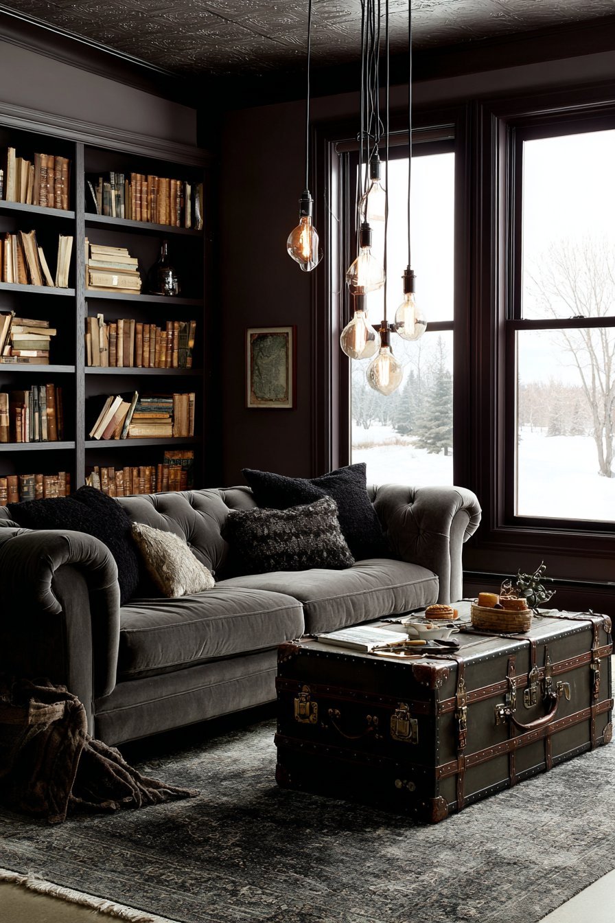 Chocolate brown troweled walls with charcoal tufted velvet sofa, vintage trunk table and matching built-ins