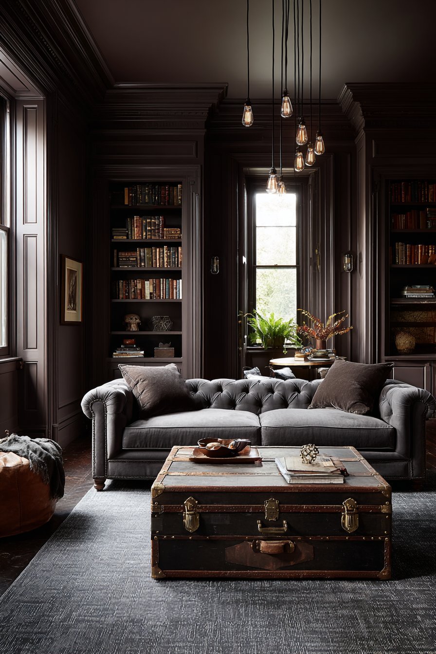 Chocolate brown troweled walls with charcoal tufted velvet sofa, vintage trunk table and matching built-ins