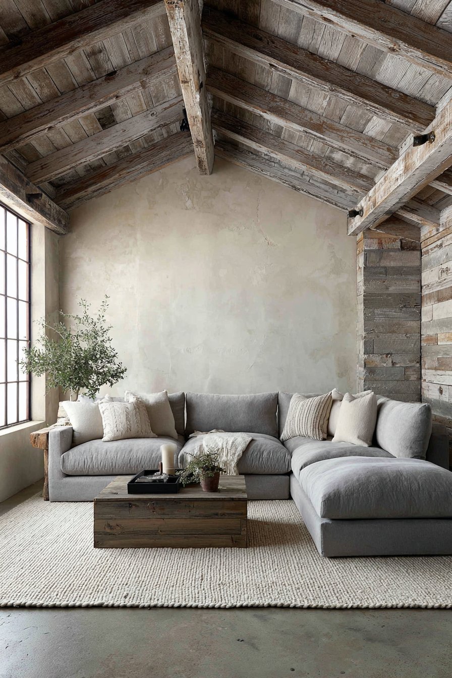 Neutral living room with vaulted ceiling, whitewashed beams, grey sectional and stacked ledgestone accent wall