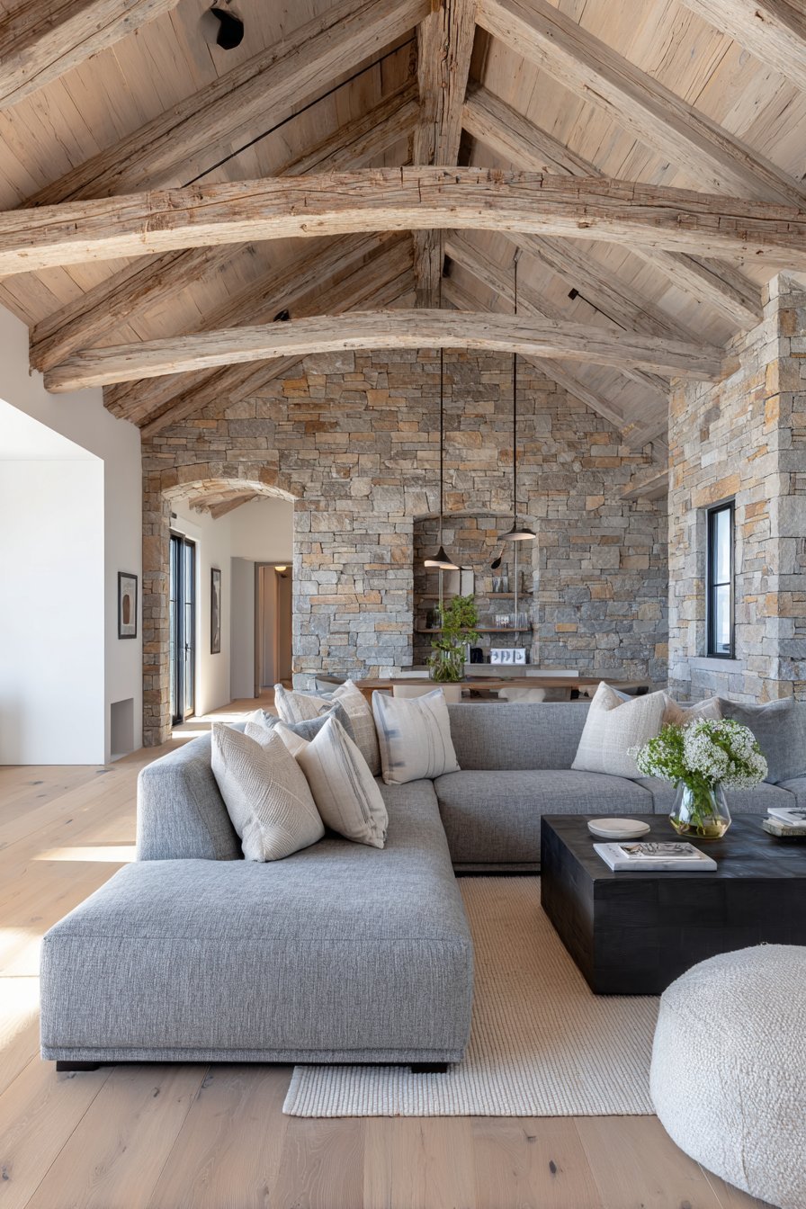 Neutral living room with vaulted ceiling, whitewashed beams, grey sectional and stacked ledgestone accent wall