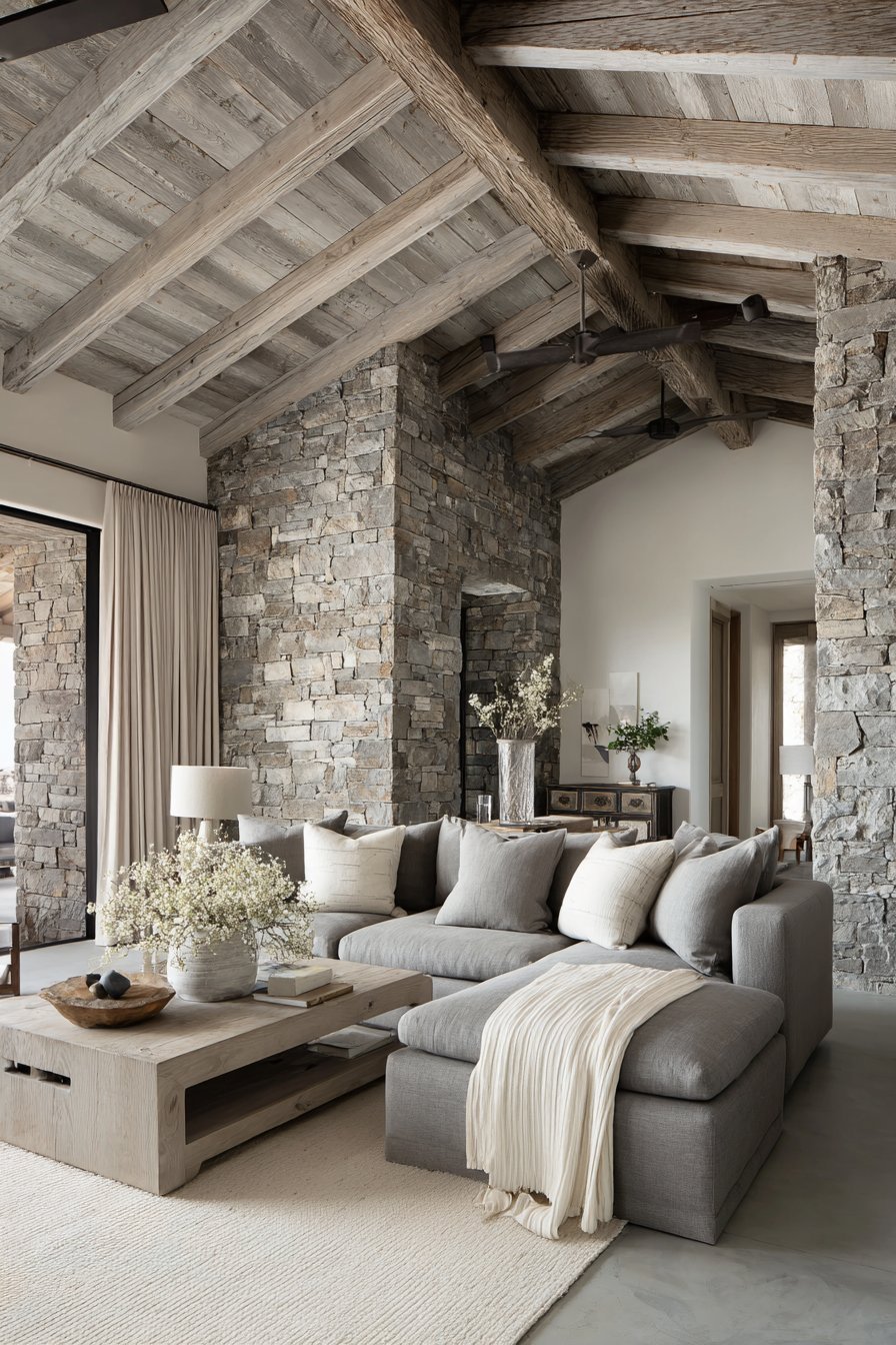 Neutral living room with vaulted ceiling, whitewashed beams, grey sectional and stacked ledgestone accent wall