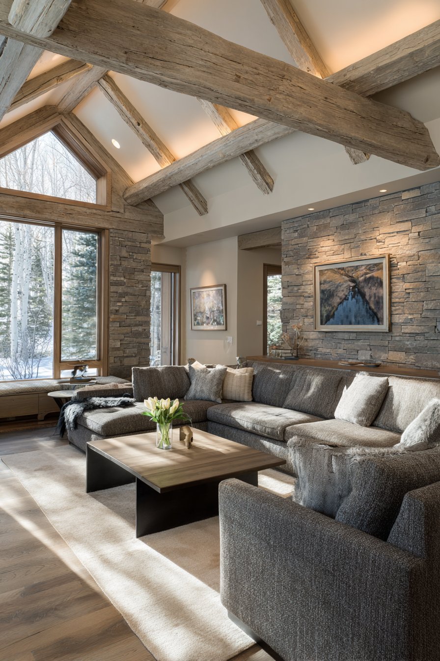 Neutral living room with vaulted ceiling, whitewashed beams, grey sectional and stacked ledgestone accent wall