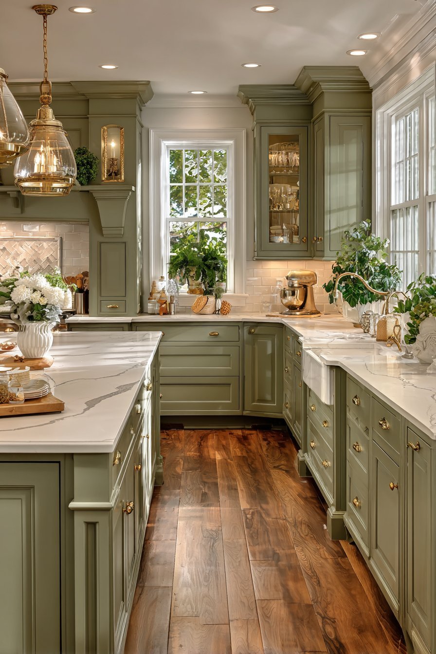 Sage green raised-panel kitchen with white quartz, brass fixtures, glass-front cabinets and a large paneled island