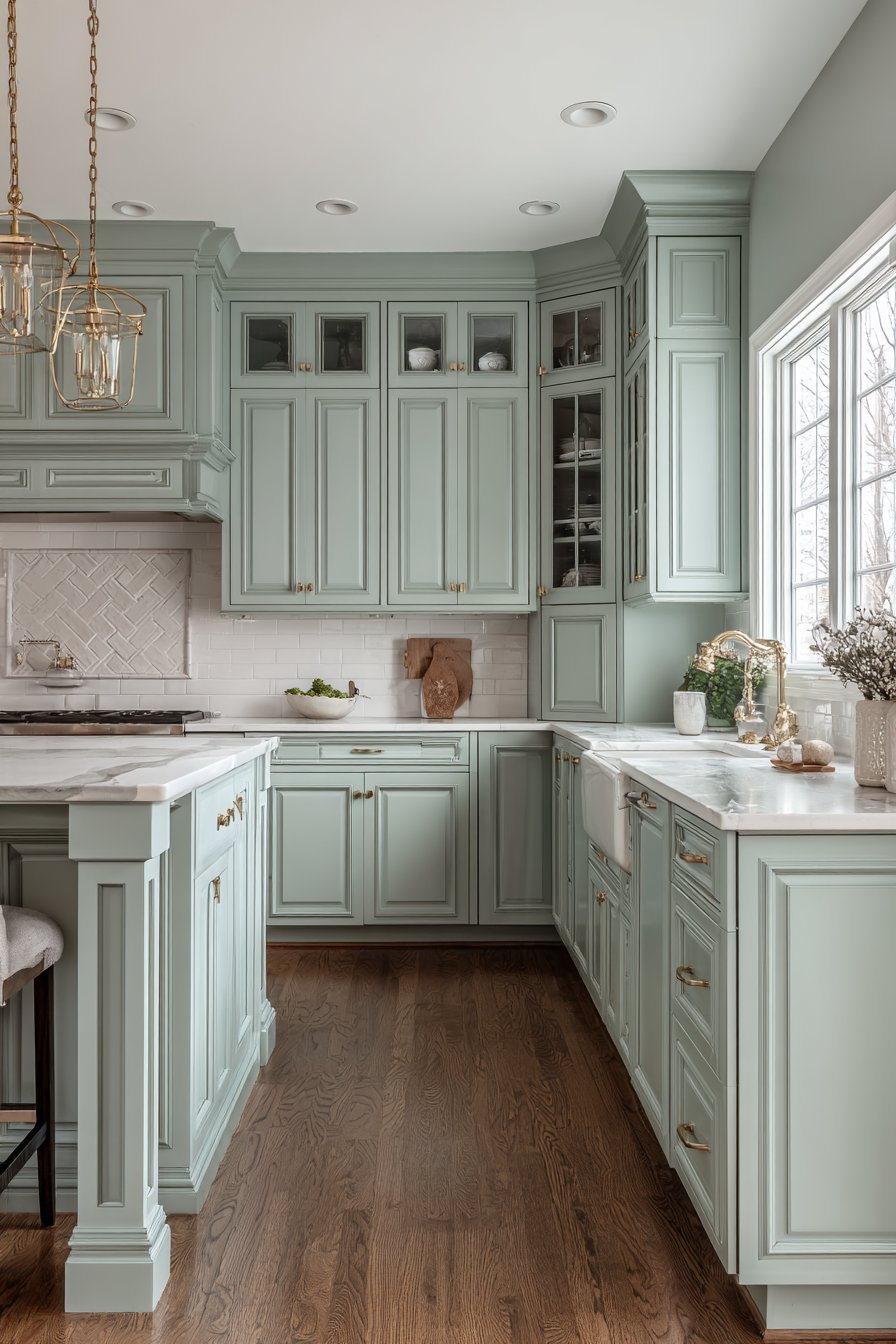 Sage green raised-panel kitchen with white quartz, brass fixtures, glass-front cabinets and a large paneled island