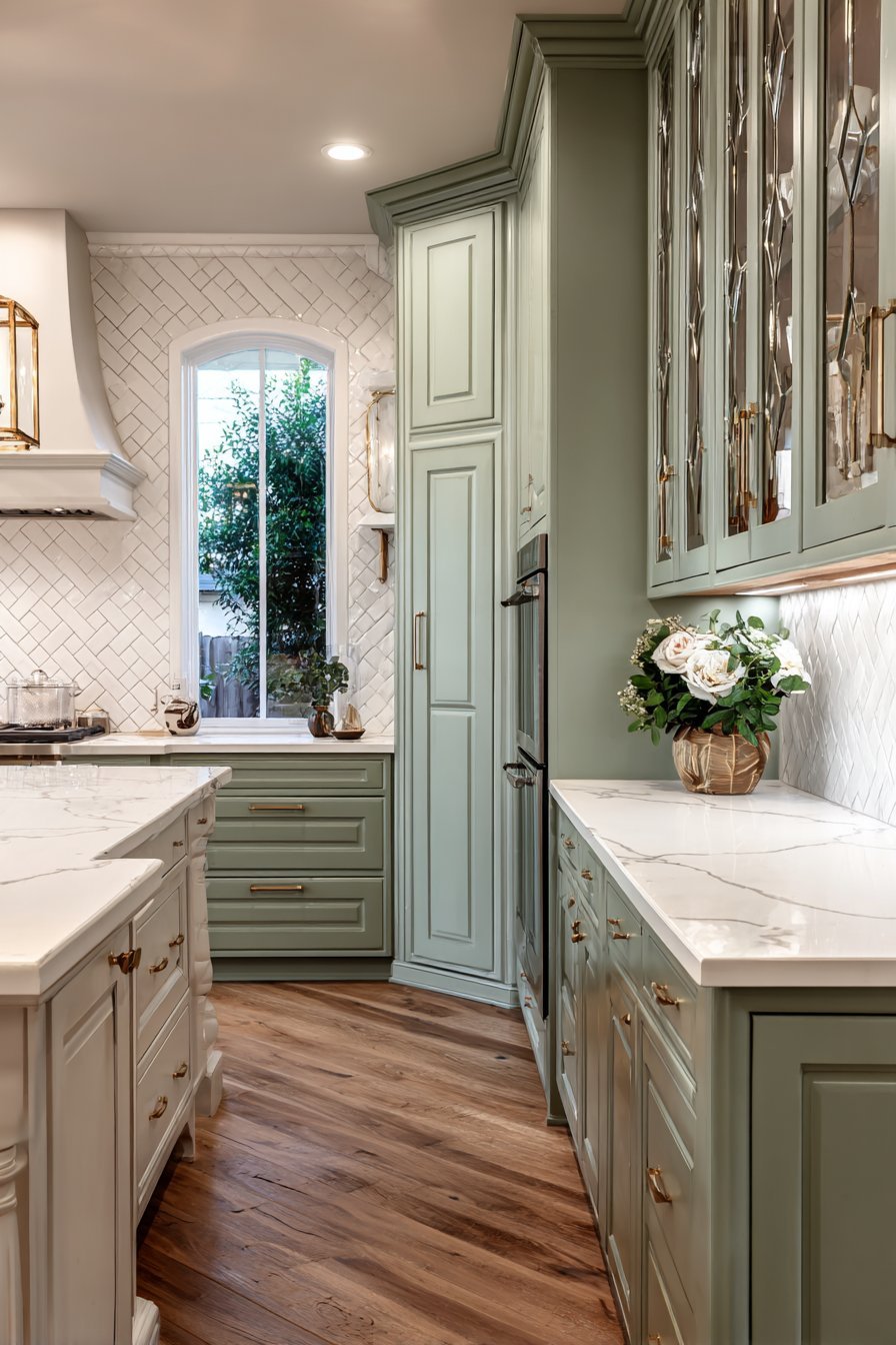 Sage green raised-panel kitchen with white quartz, brass fixtures, glass-front cabinets and a large paneled island