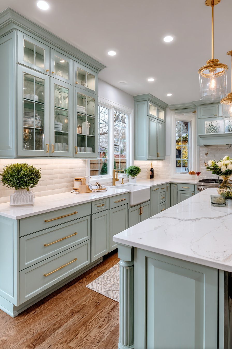 Sage green raised-panel kitchen with white quartz, brass fixtures, glass-front cabinets and a large paneled island