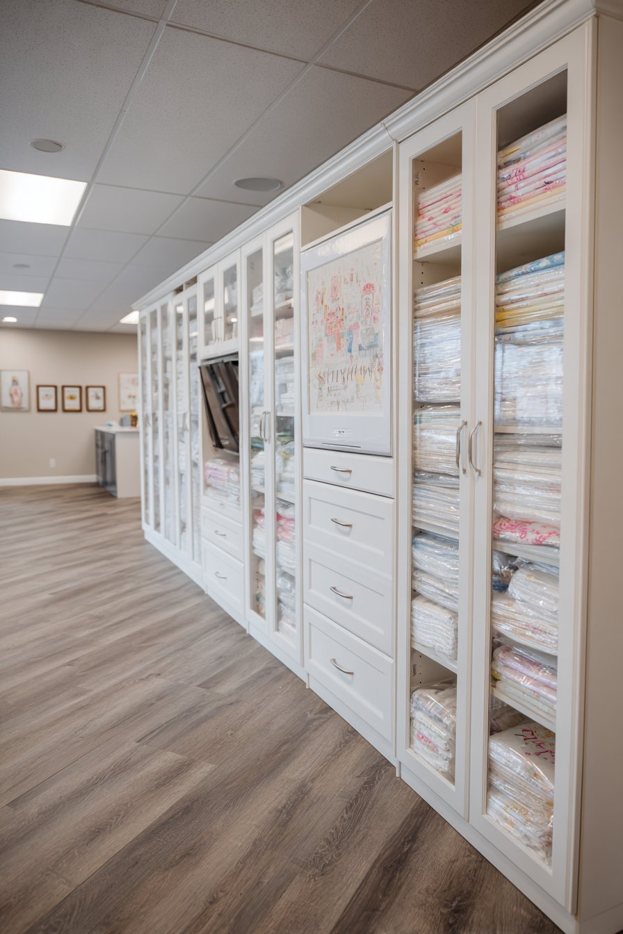 White wardrobe storage system with hanging rods, drawers, glass doors and interior LED lighting in a basement