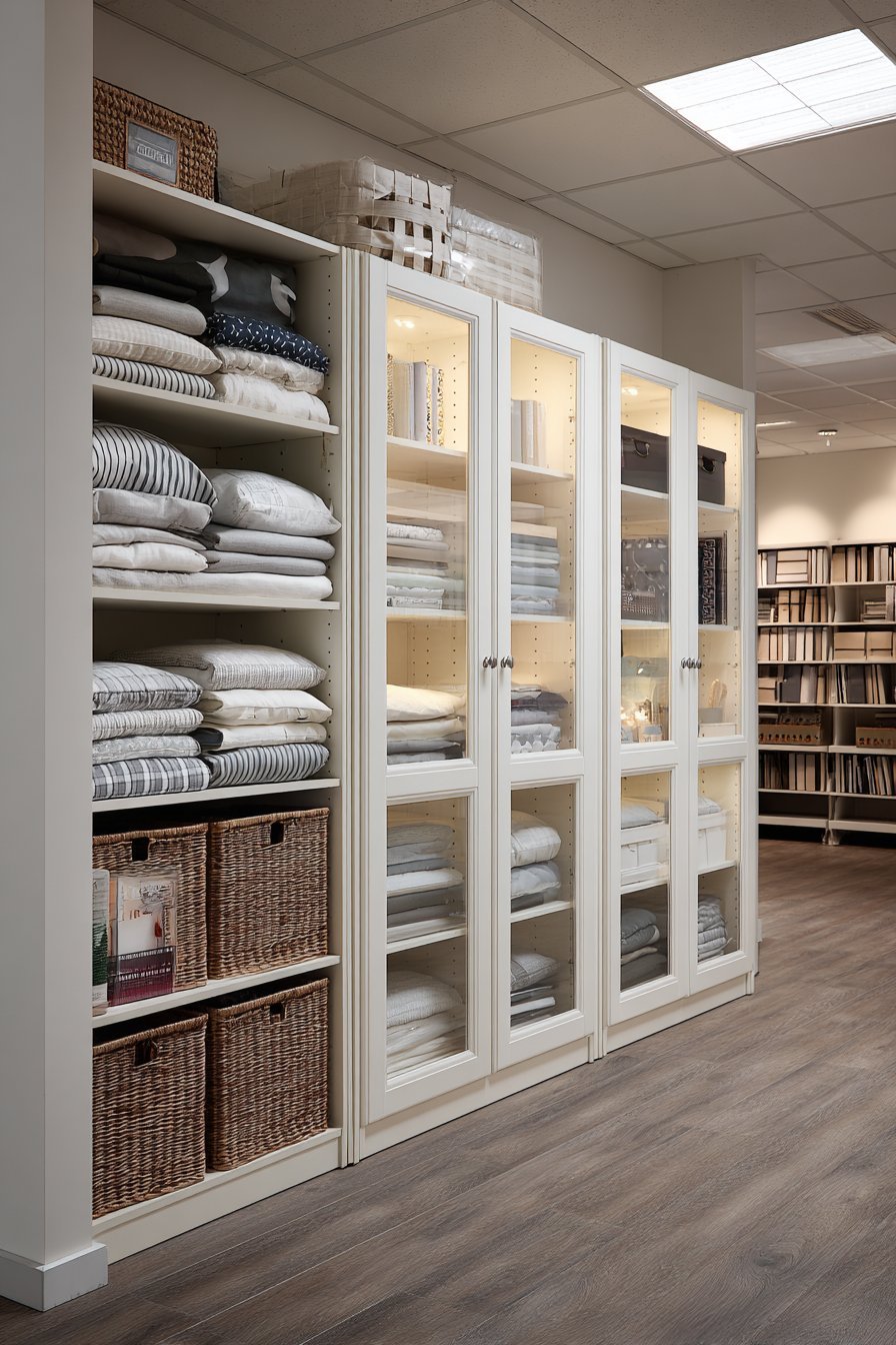White wardrobe storage system with hanging rods, drawers, glass doors and interior LED lighting in a basement