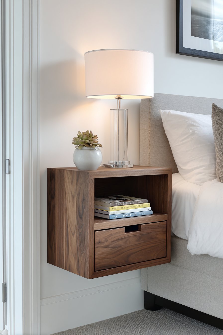 Walnut floating nightstand with one shallow drawer and open shelf holding books and a table lamp on a white wall