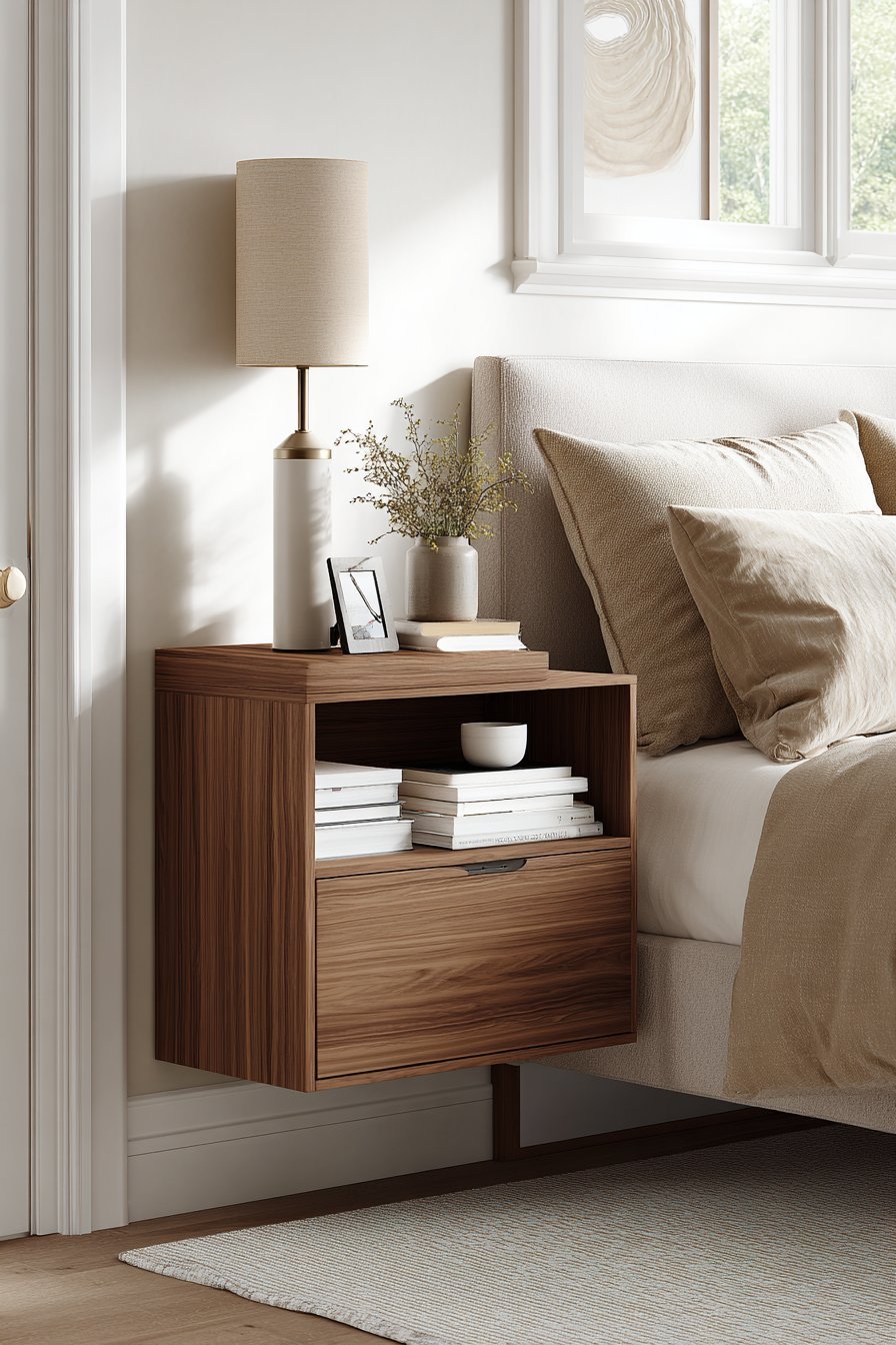 Walnut floating nightstand with one shallow drawer and open shelf holding books and a table lamp on a white wall
