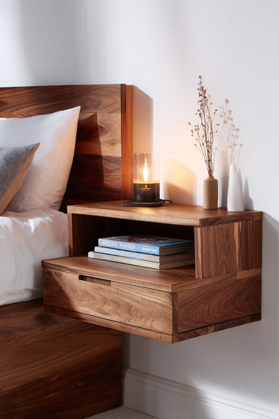Walnut floating nightstand with one shallow drawer and open shelf holding books and a table lamp on a white wall