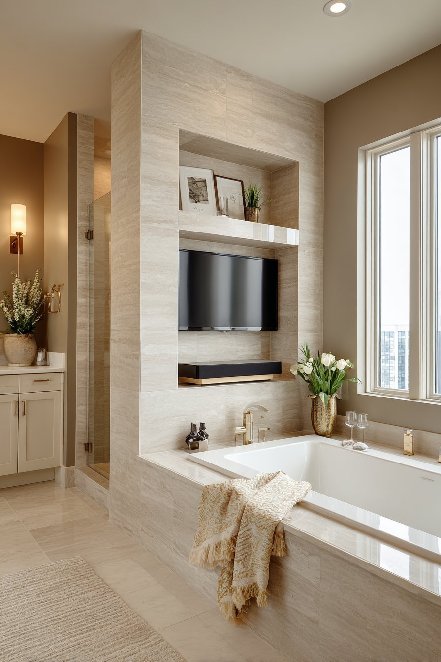 Recessed tiled alcove TV with soundbar shelf facing a soaking tub with a ledge for wine glass