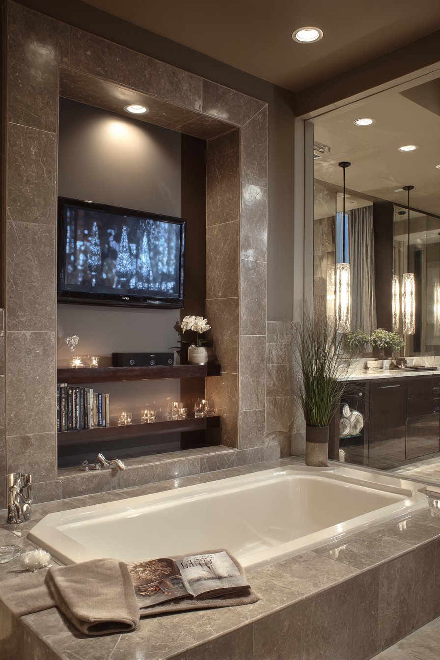 Recessed tiled alcove TV with soundbar shelf facing a soaking tub with a ledge for wine glass