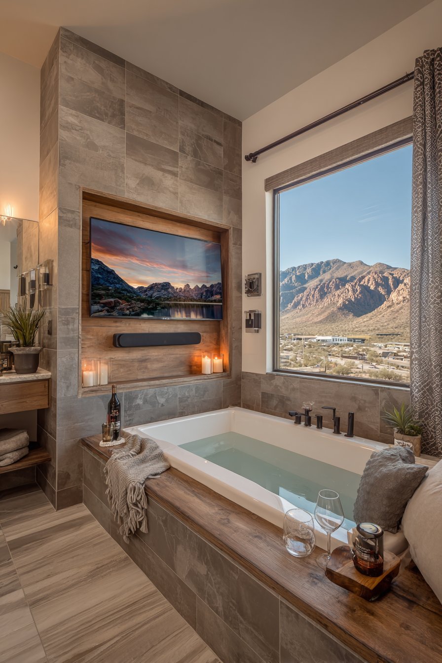 Recessed tiled alcove TV with soundbar shelf facing a soaking tub with a ledge for wine glass