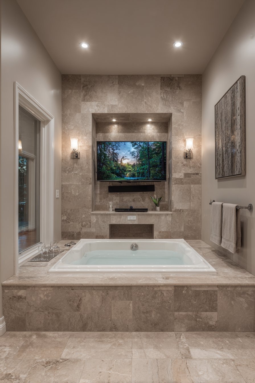 Recessed tiled alcove TV with soundbar shelf facing a soaking tub with a ledge for wine glass