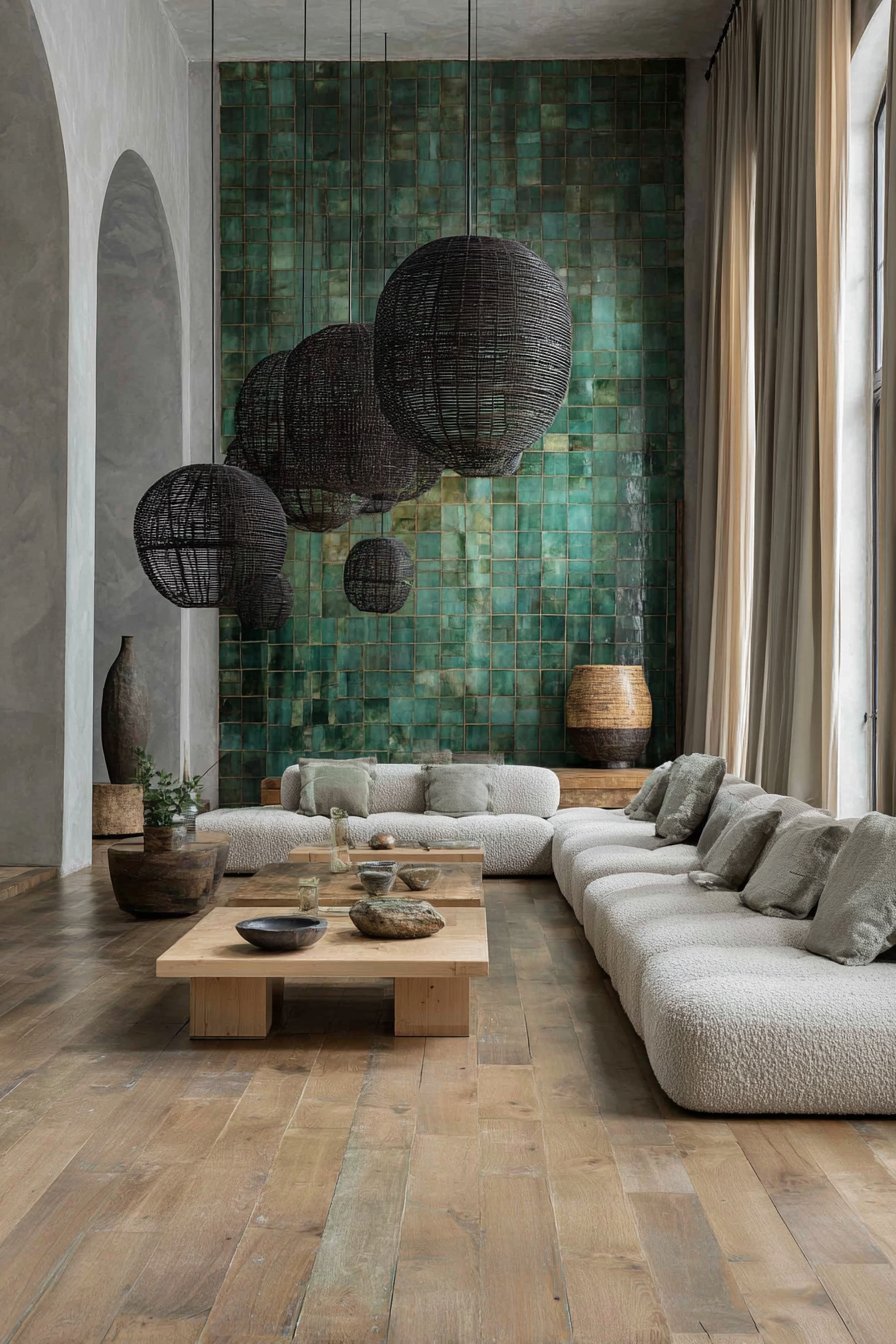 Emerald green zellige tile wall with warm grey bouclé sofa, light oak coffee table and rattan pendants