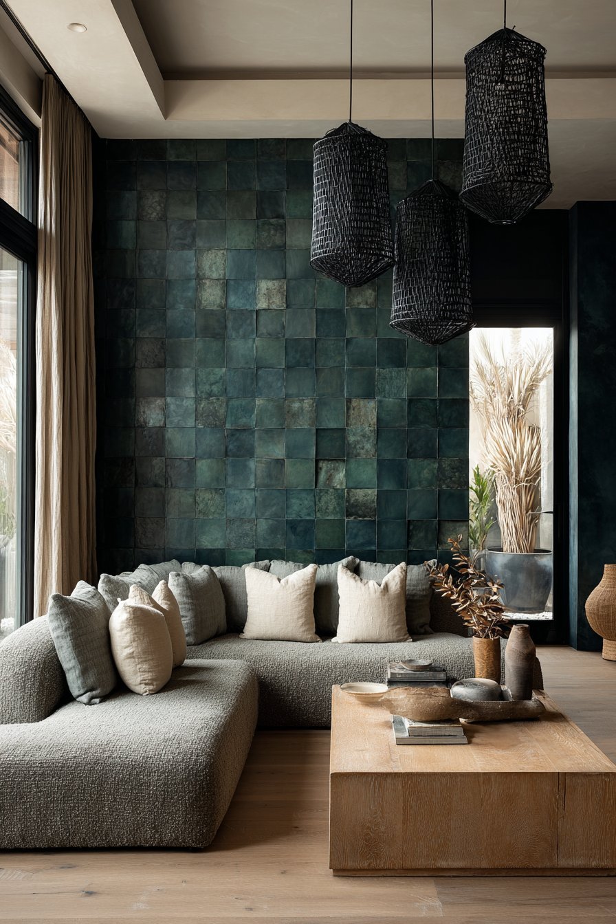 Emerald green zellige tile wall with warm grey bouclé sofa, light oak coffee table and rattan pendants
