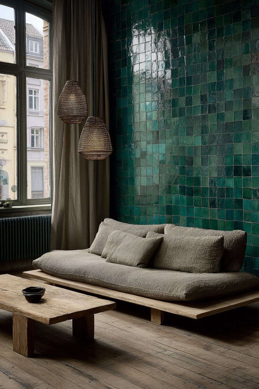 Emerald green zellige tile wall with warm grey bouclé sofa, light oak coffee table and rattan pendants